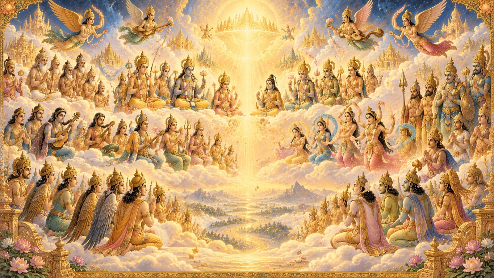 The eightfold host of heavenly beings - gods, manes, demons, Gandharvas, Apsaras, Yakshas, Siddhas and Kinnaras - completing the ten creations