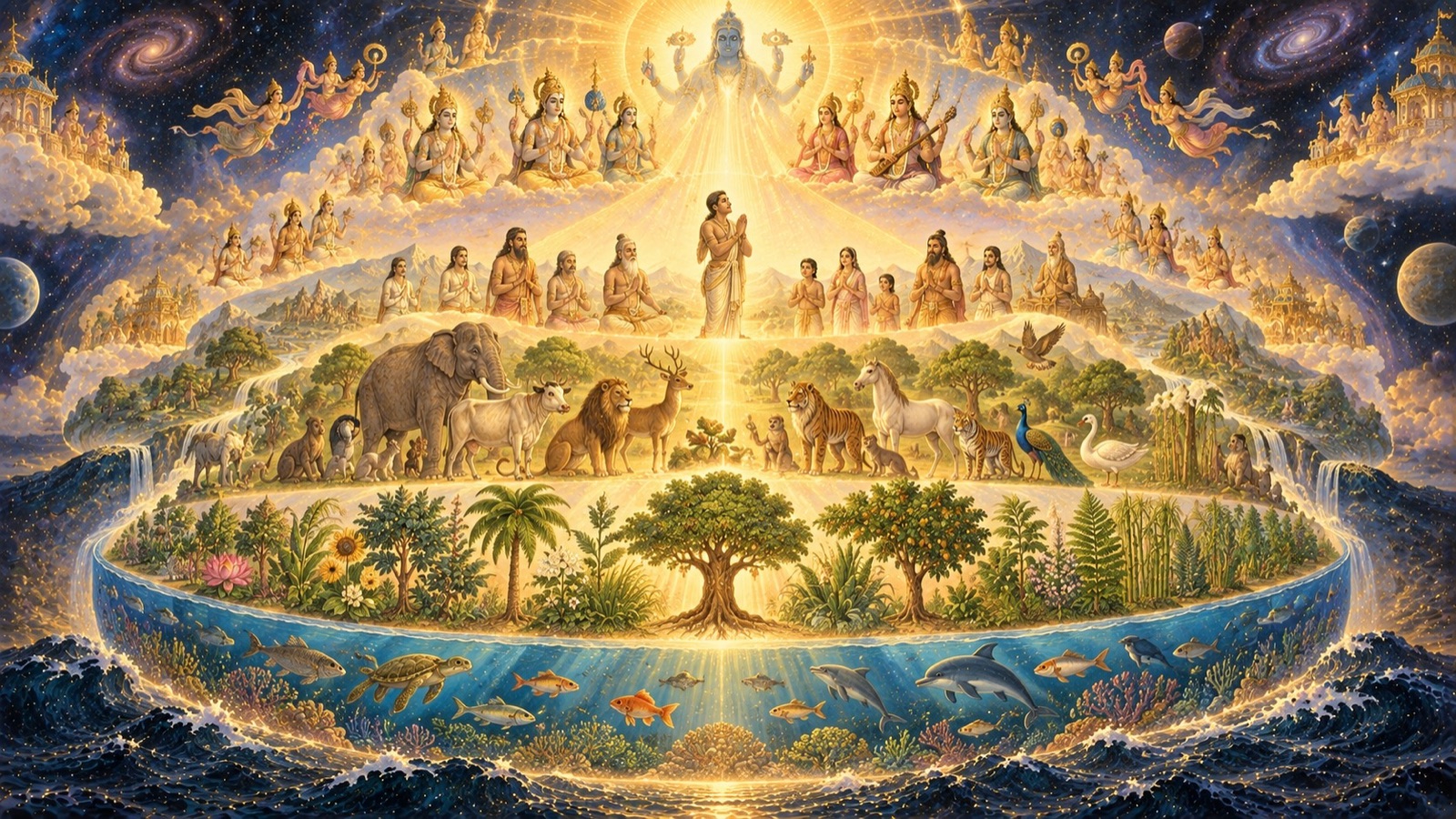 The tenfold stream of creation unfolding from the effulgent Cosmic source — plants, animals, humans and the shining hosts of heaven
