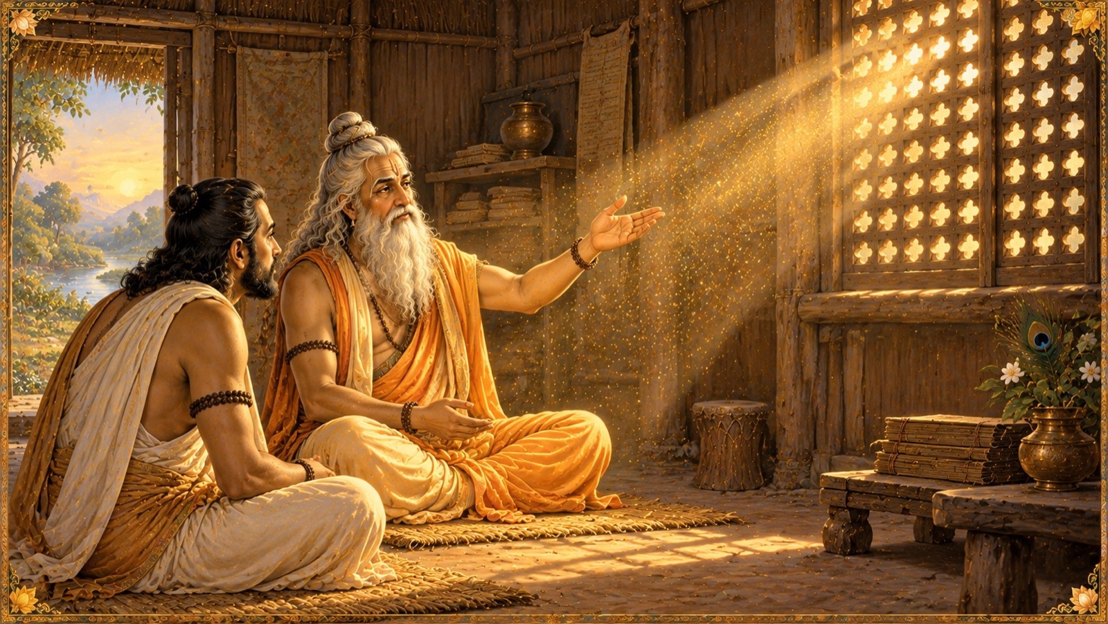 मैत्रेय सूर्य-किरण में तैरते धूलिकणों के दृश्य से परमाणु की अवधारणा समझाते हुए