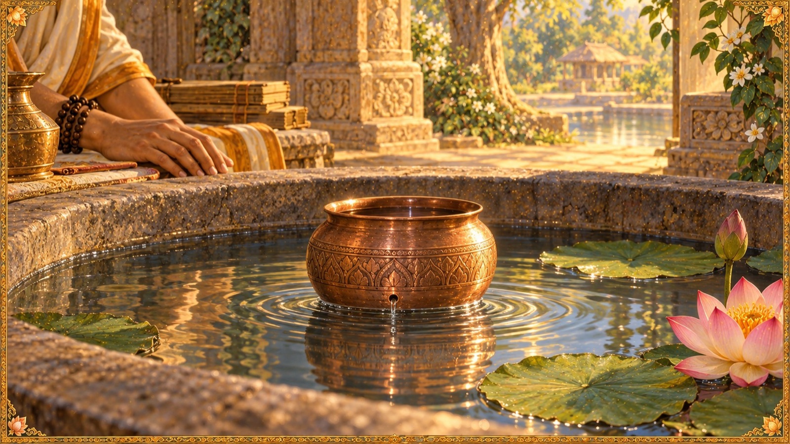 एक प्राचीन ताम्र जल-घड़ी, जिसके तल में स्वर्ण-सूई से छिद्र कर उसे जल पर तैराया गया है, नाड़िका मापने हेतु