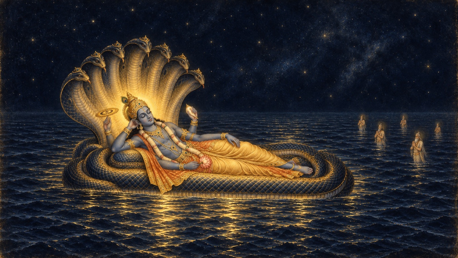 श्रीहरि महाप्रलय के समय कारण-जल पर ध्यान-निद्रा में विराजमान, तीनों लोक जलमग्न