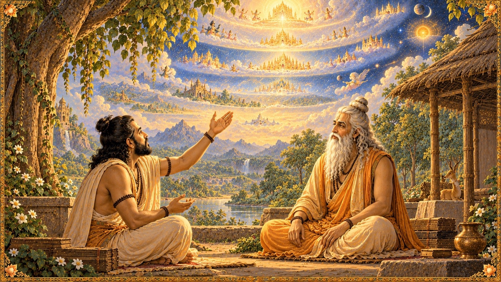 Vidura asking Maitreya about the lifespan of higher, enlightened beings such as Brahma who dwell beyond the three worlds