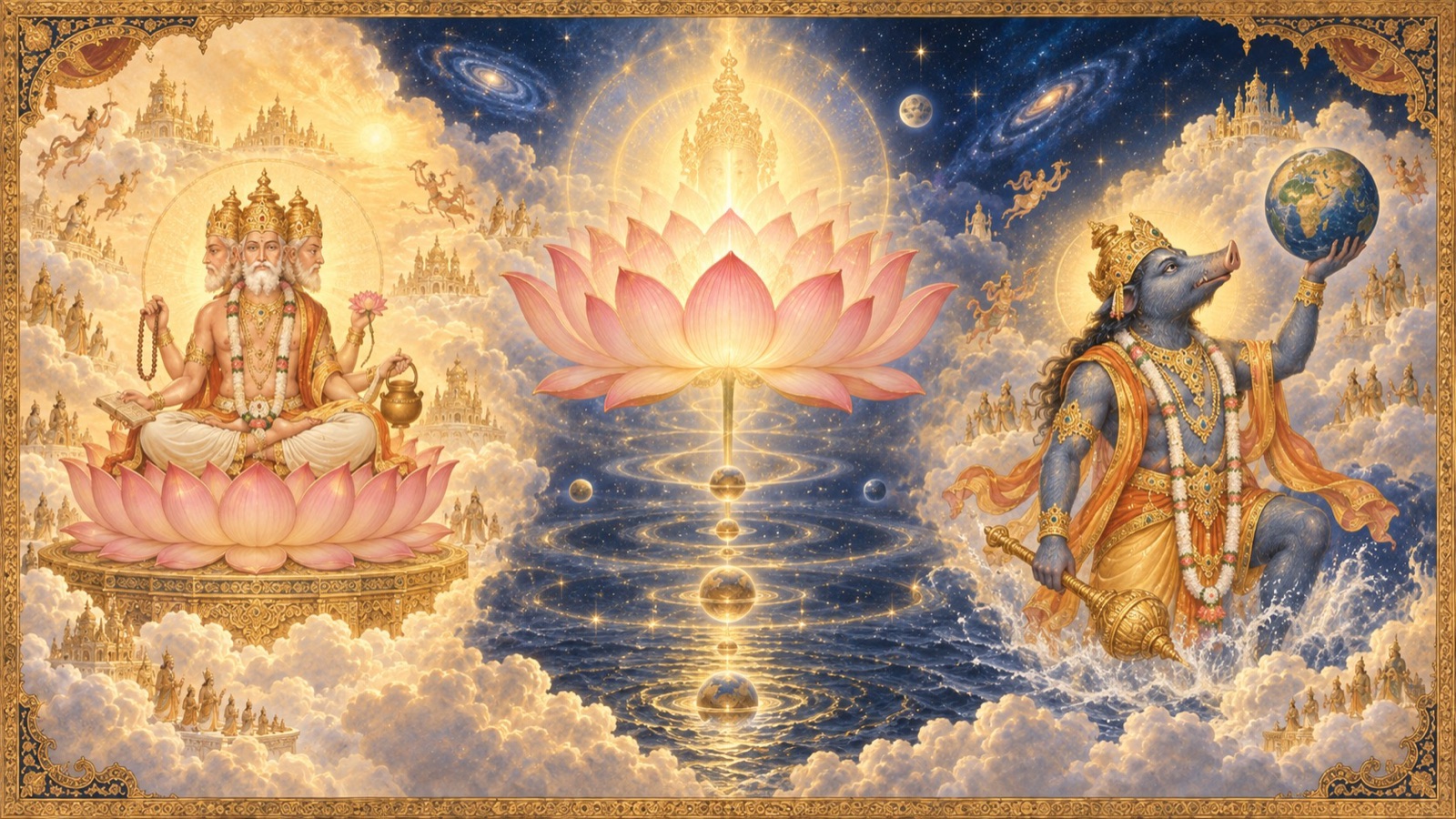 A symbolic depiction of the Brahma, Padma, and Varaha Kalpas, with the cosmic lotus springing from the navel of Sri Hari