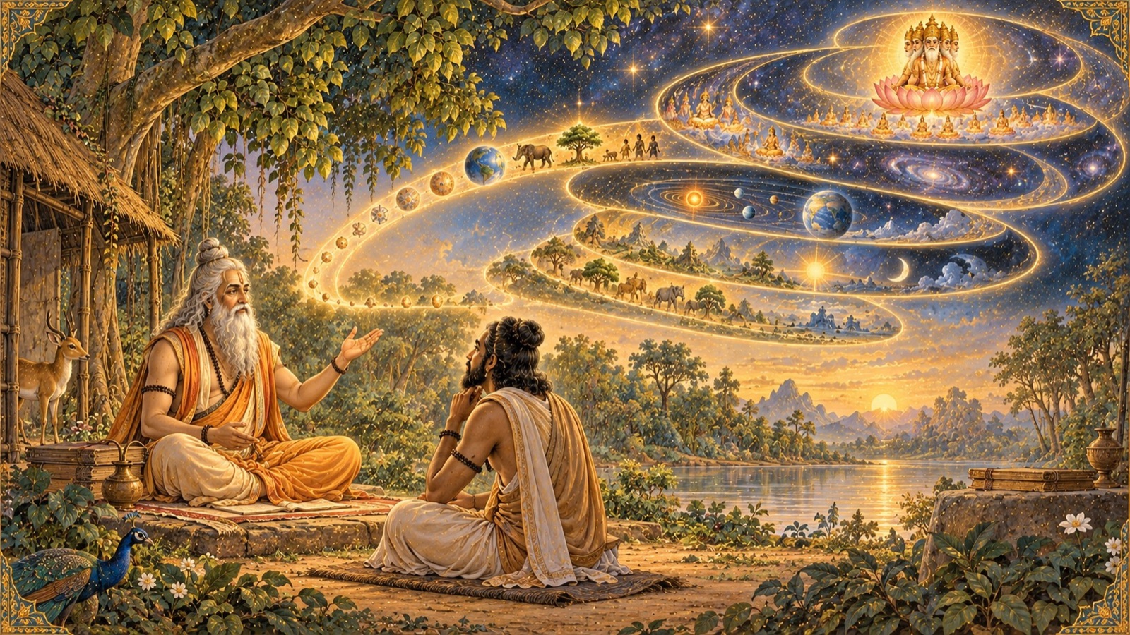 Maitreya teaching Vidura the full scale of cosmic time, from the smallest atom to the life-span of Brahma, in a forest hermitage