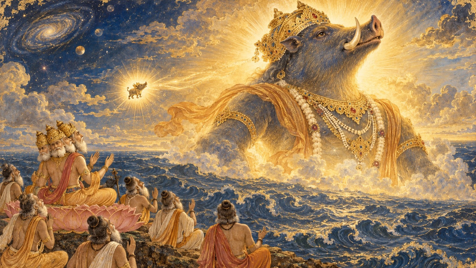 ब्रह्मा की नासिका से एक लघु शूकर प्रकट होकर तुरन्त पर्वत के समान विशाल हो जाता है