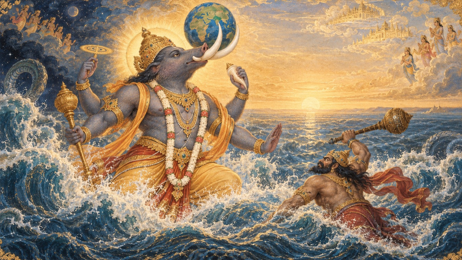 शूकर पृथ्वी को दाँतों पर उठाकर उठते हुए तथा दैत्य हिरण्याक्ष को क्रीड़ा-भाव से समाप्त करते हुए