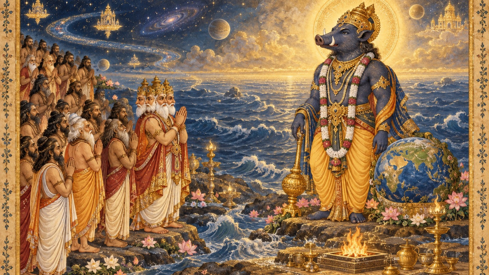 ब्रह्मा तथा ऋषिगण शूकर के शरीर को यज्ञ के उपकरणों के साथ पहचानती हुई स्तुति अर्पित करते हुए