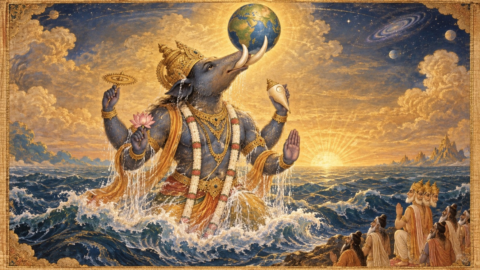 दिव्य शूकर वराह कारण-सागर से पृथ्वी को अपने दाँतों पर उठाते हुए, ब्रह्मा तथा ऋषिगण देखते हुए