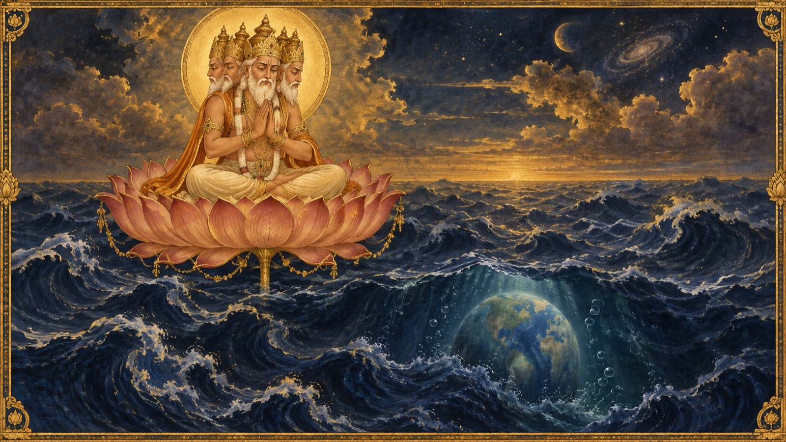 Brahma discovering the earth submerged beneath the cosmic waters and turning inwardly to the Lord for rescue