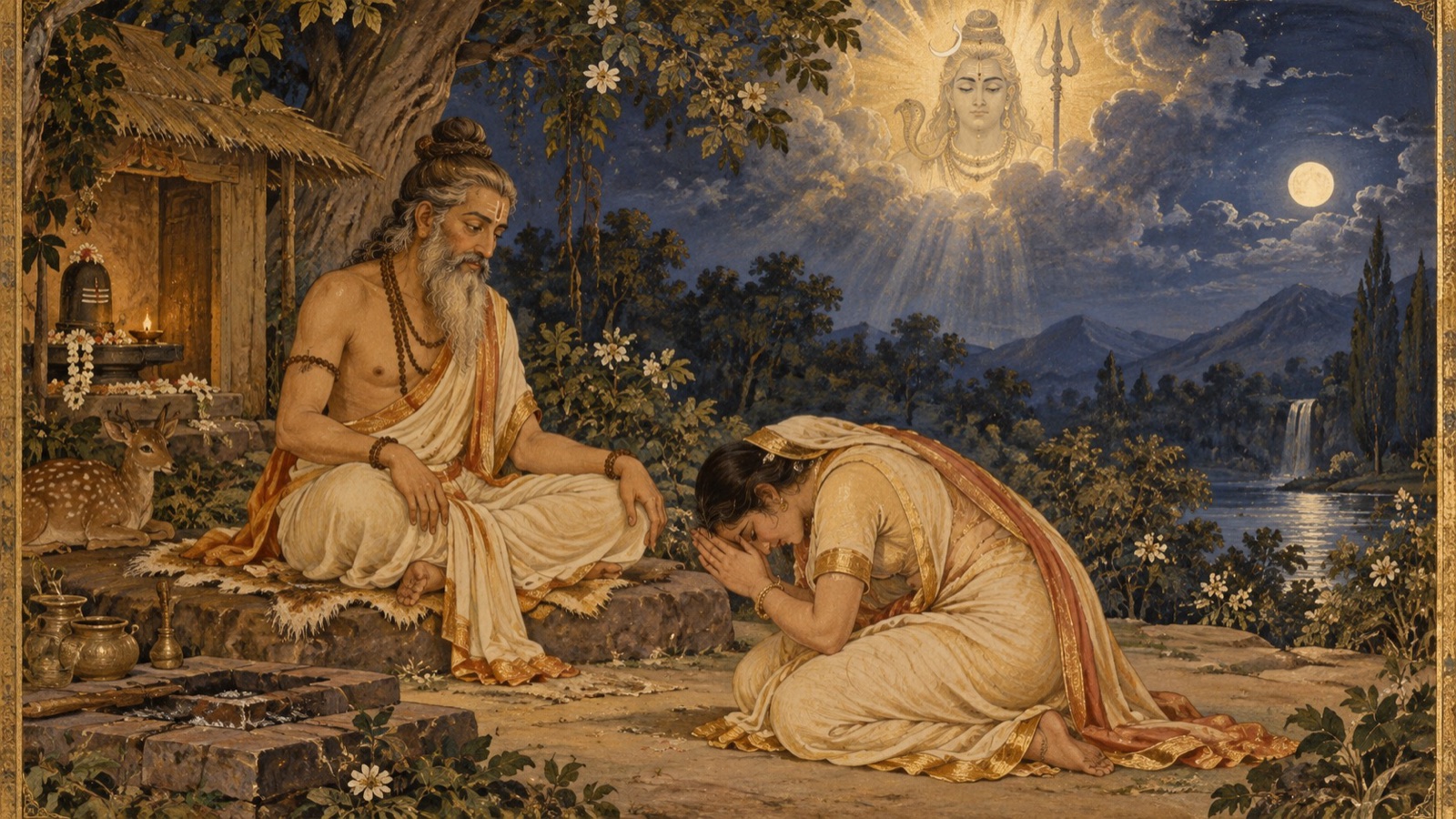 दिति, लज्जित तथा भयभीत, मुख झुकाए अपने पति के समक्ष प्रार्थना में झुकी हुई, भगवान् रुद्र की दया माँगती हुई