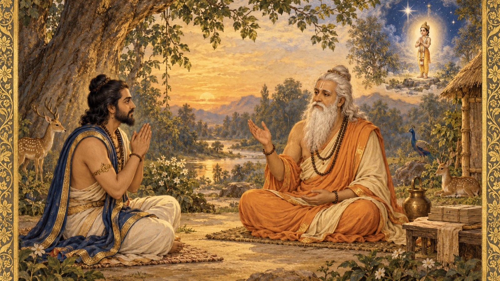Vidura questioning the sage Maitreya with folded palms, with a small luminous vignette suggesting the boy Dhruva's ascent recalled within the teaching