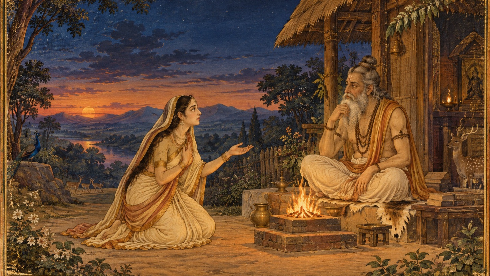 Diti, sorrowful and pleading, approaching the sage Kasyapa at his forest hermitage as dusk falls