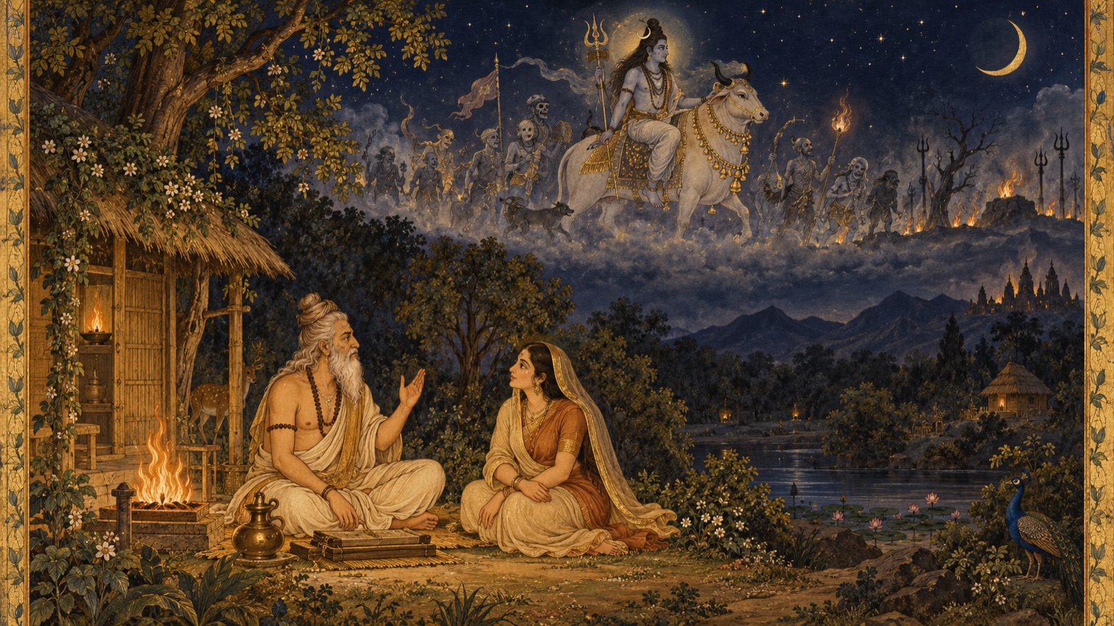 Kasyapa gently counseling Diti on the sanctity of married life while a faint vision of Lord Rudra and His ghostly retinue moves across a darkened sky above
