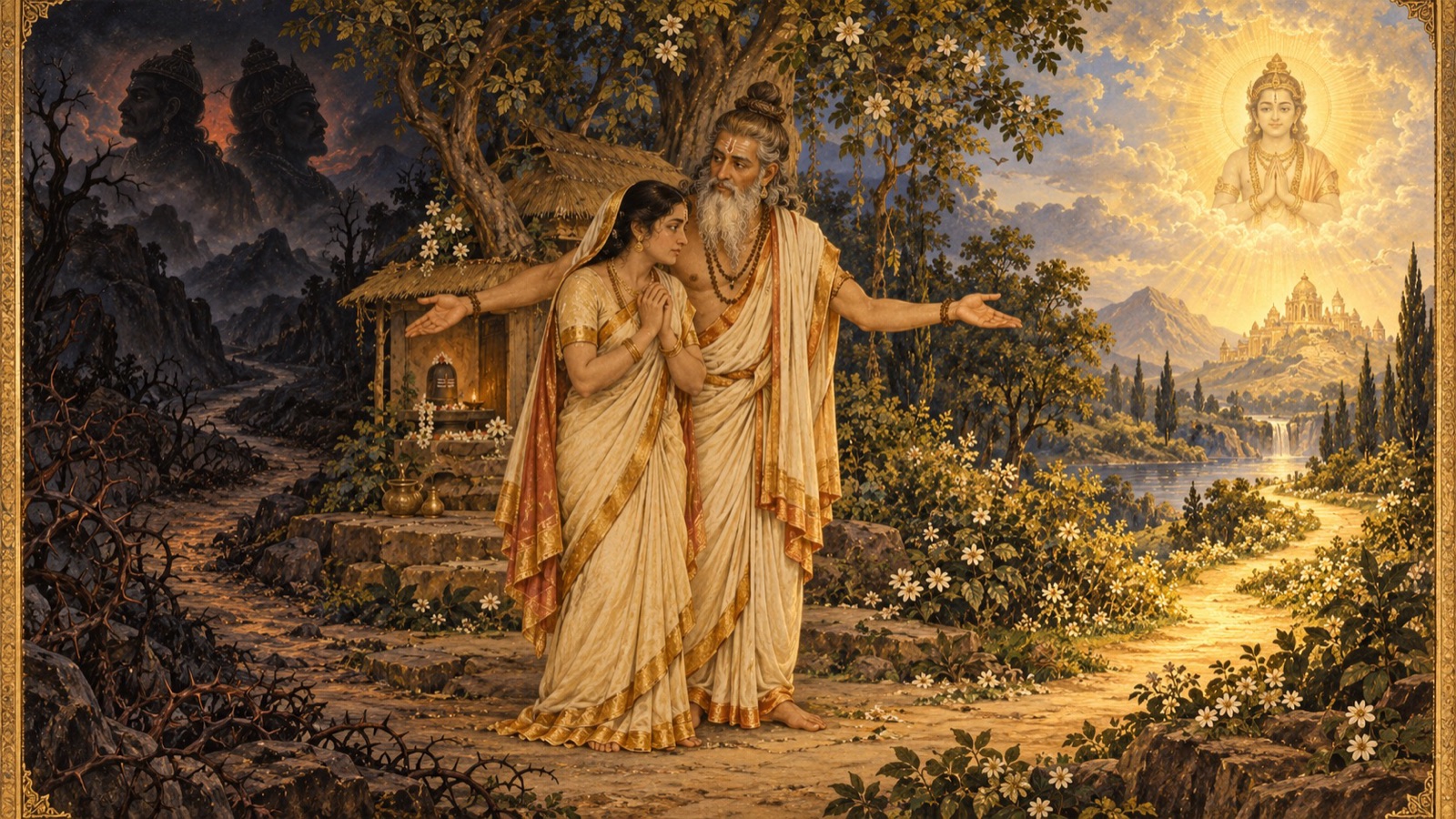 Kasyapa speaking solemnly to Diti, one hand gesturing toward a shadowed path and the other toward a distant radiant light, symbolizing the twin prophecy of two wicked sons and one devotee grandson