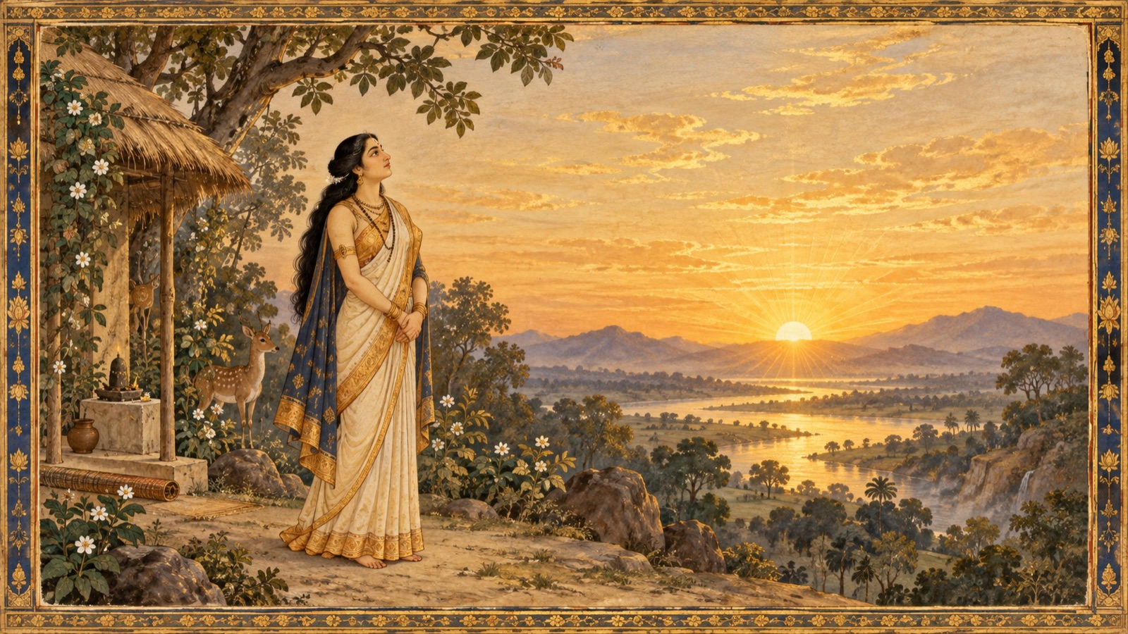Diti with a peaceful, accepting expression gazing toward a soft radiant light, at peace with both sorrow and hope