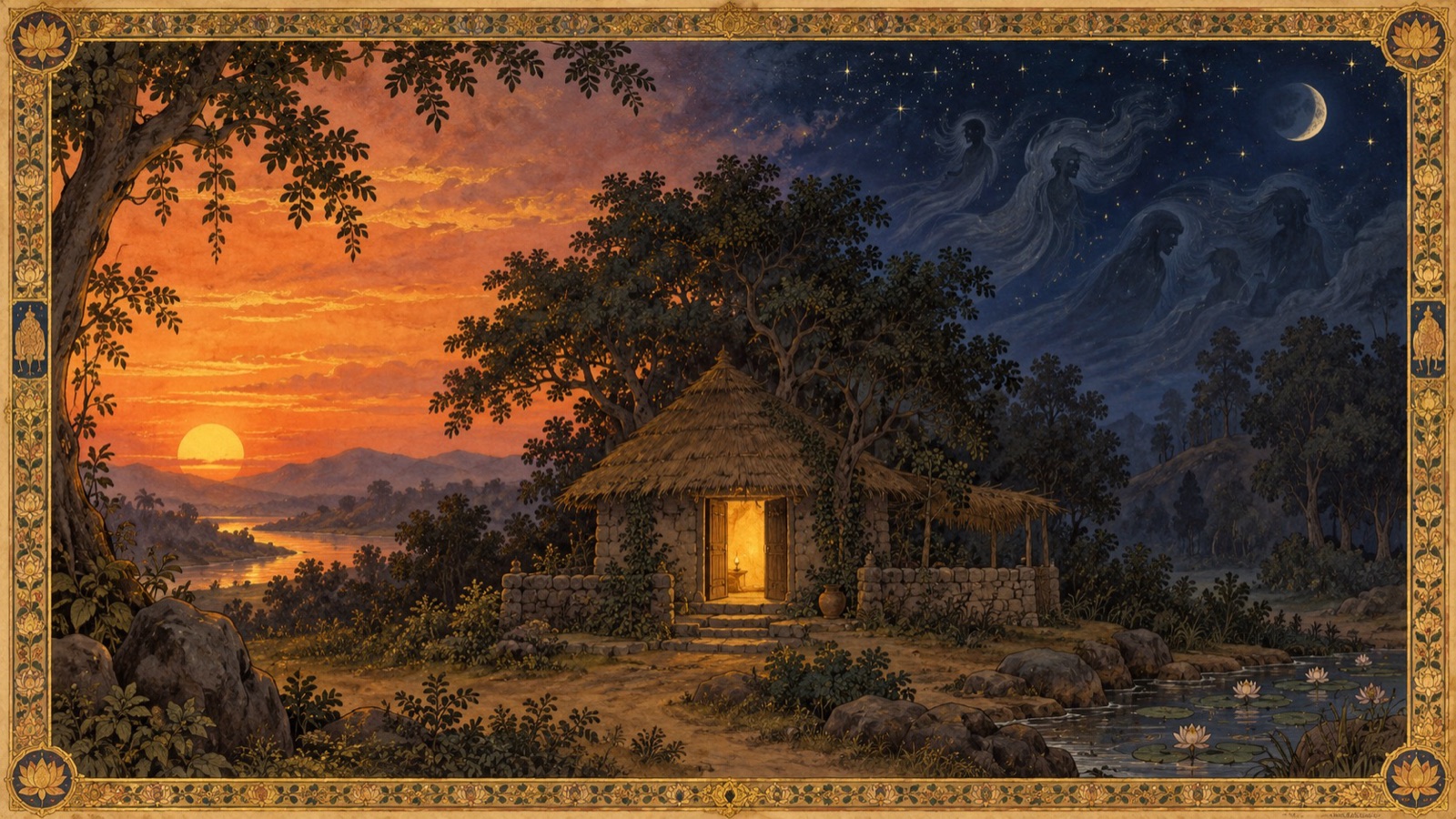 A twilight hermitage scene suggesting Diti's forbidden-hour plea to the sage Kasyapa, with a shadowed, ominous horizon and a distant gentle glow of grace
