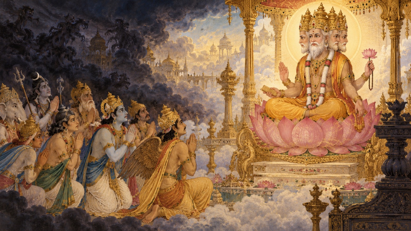 The guardian-gods approach Brahma with an anxious prayer about a spreading darkness