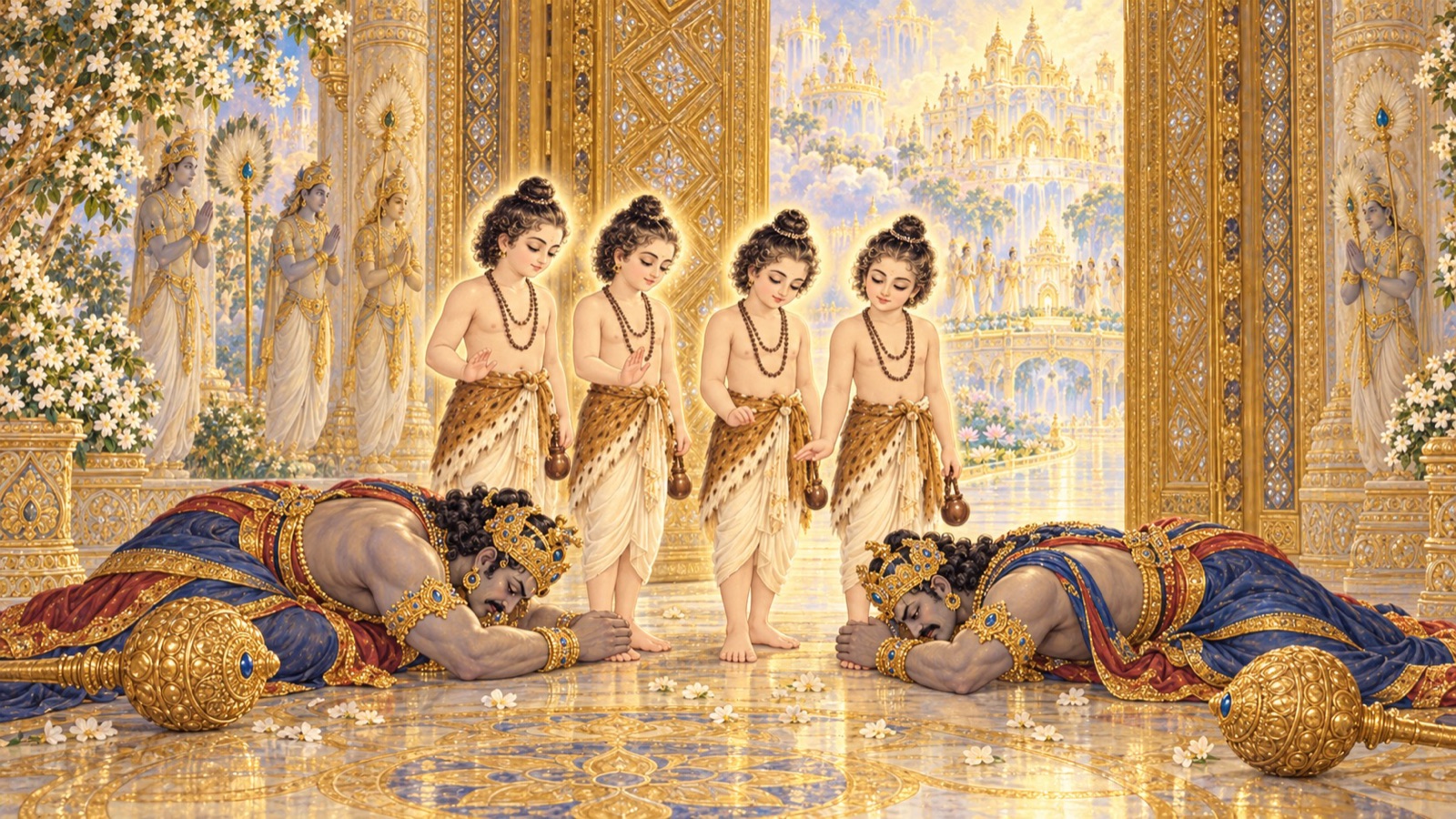 The two doorkeepers prostrate themselves before the four sages, accepting the curse