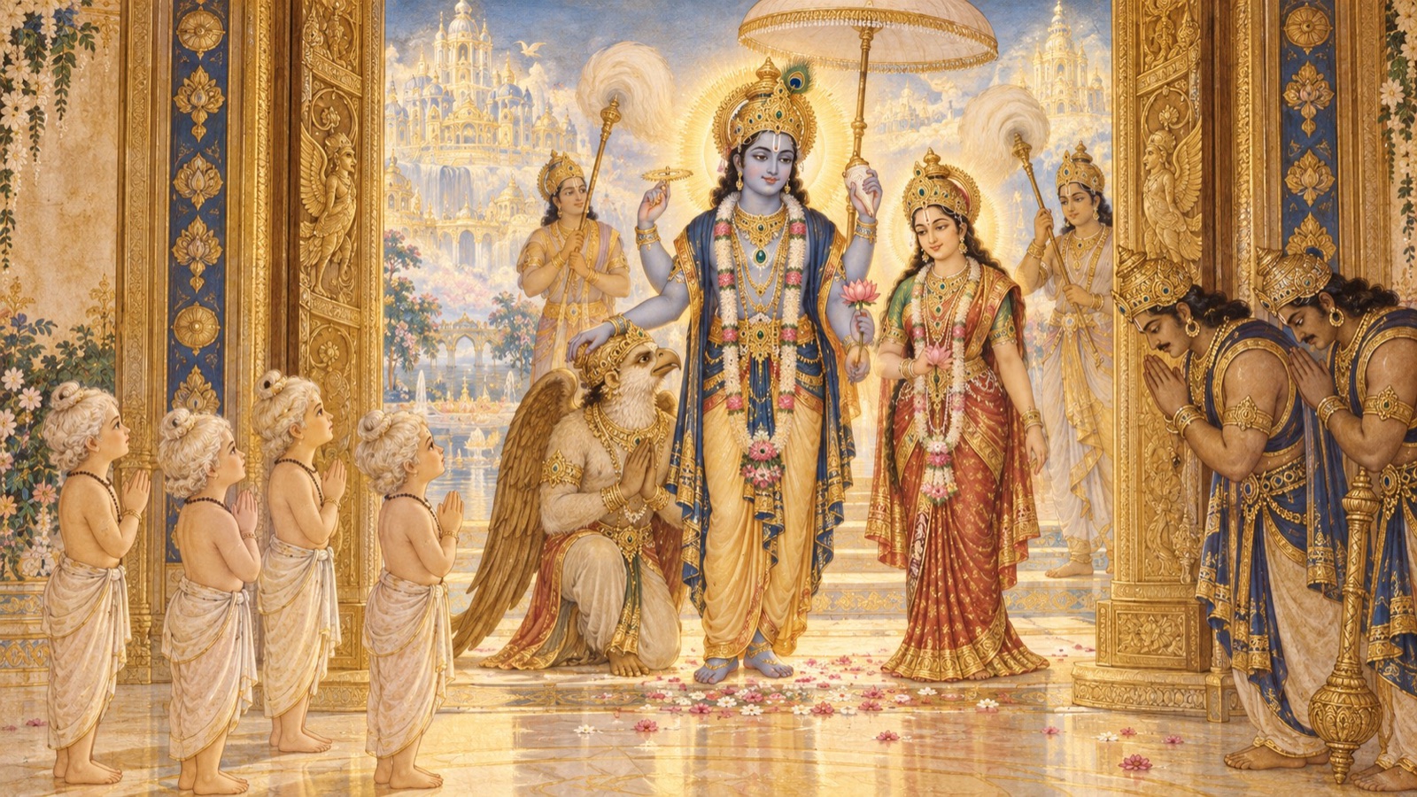 The Lord Padmanabha arrives at the gate accompanied by Goddess Lakshmi as the sages gaze upon Him