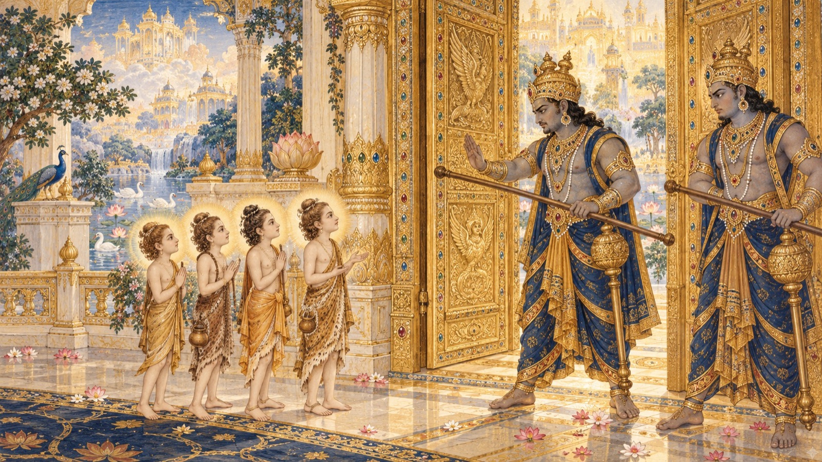 The four Kumara sages standing at the seventh gate of Vaikuntha before the doorkeepers Jaya and Vijaya