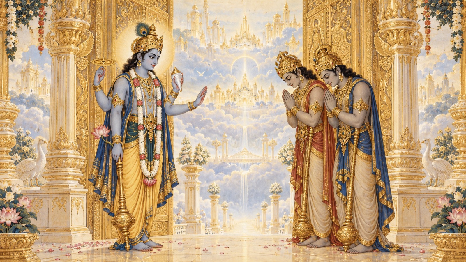 The Lord bidding farewell to Jaya and Vijaya at the gate of Vaikuntha
