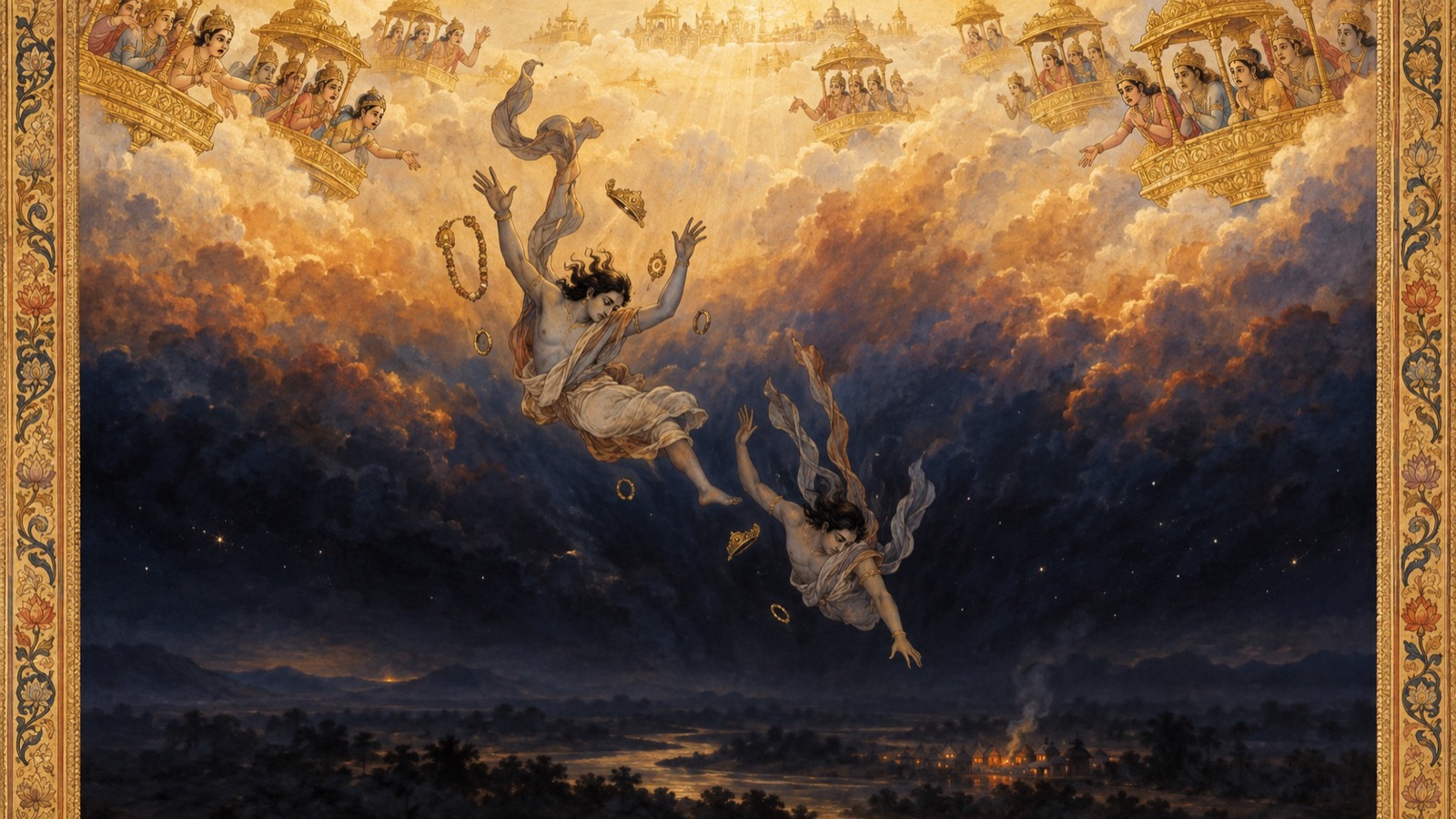 Jaya and Vijaya falling from Vaikuntha toward the womb of Diti