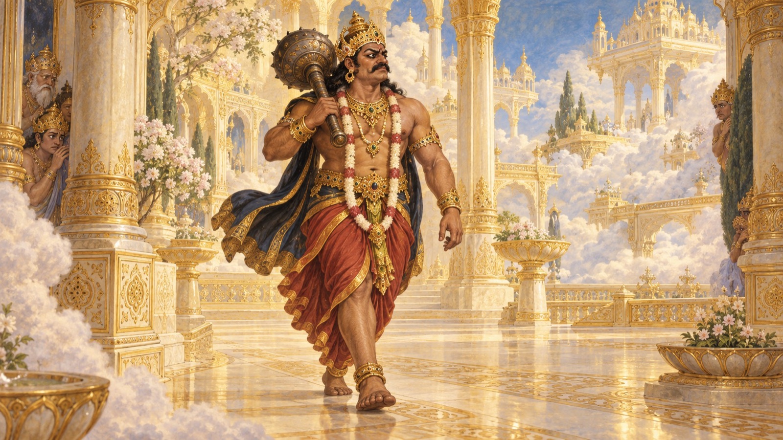 Hiranyaksa striding into an empty heaven as the terrified gods hide from him