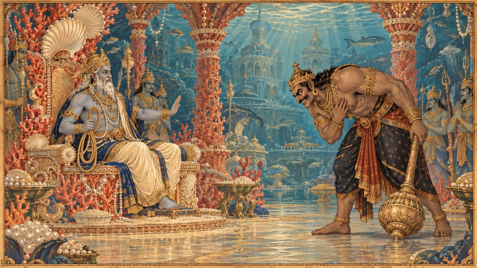 Varuna, mocked by Hiranyaksa, redirecting him toward Lord Vishnu