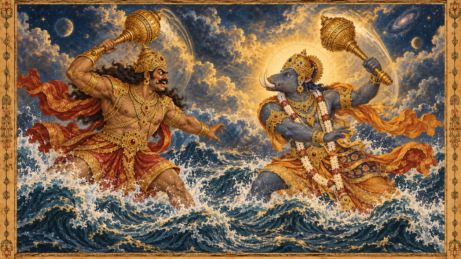 दिव्य वराह तथा दानव हिरण्याक्ष एक भीषण, संयमित तथा गैर-रक्तरंजित गदा-द्वन्द्व में प्रहारों का आदान-प्रदान करते हैं