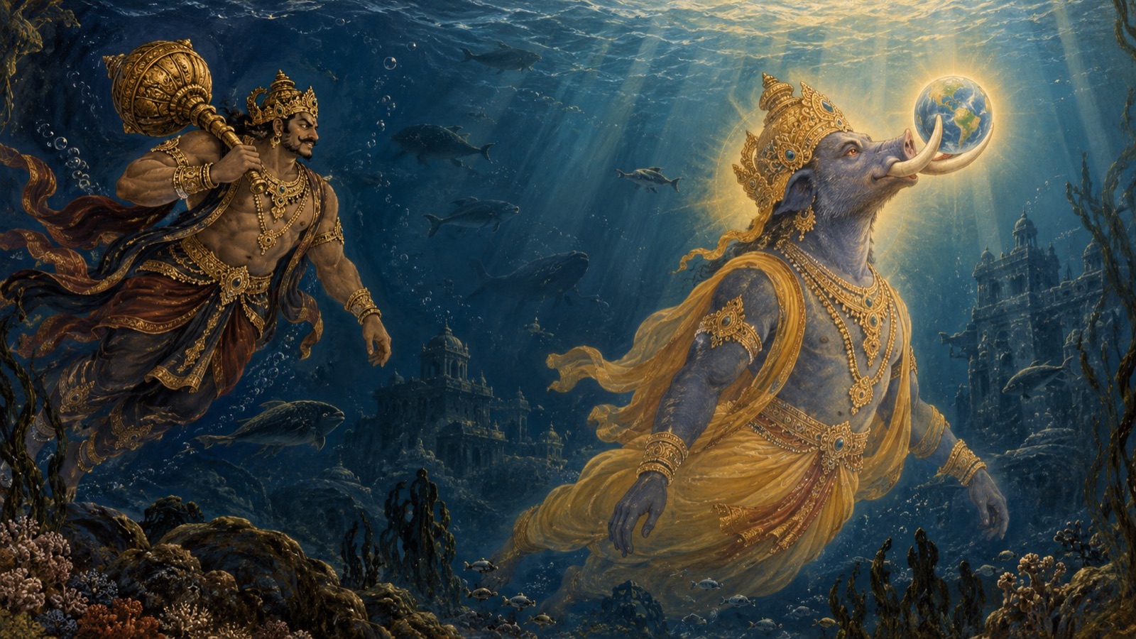 Ignoring Varuna's counsel but eager for his direction, Hiranyaksa learns from Narada where the Lord can be found and hurries into the depths of the ocean, where he discovers the divine Boar bearing the earth upon His tusks and mocks Him as a mere amphibious beast