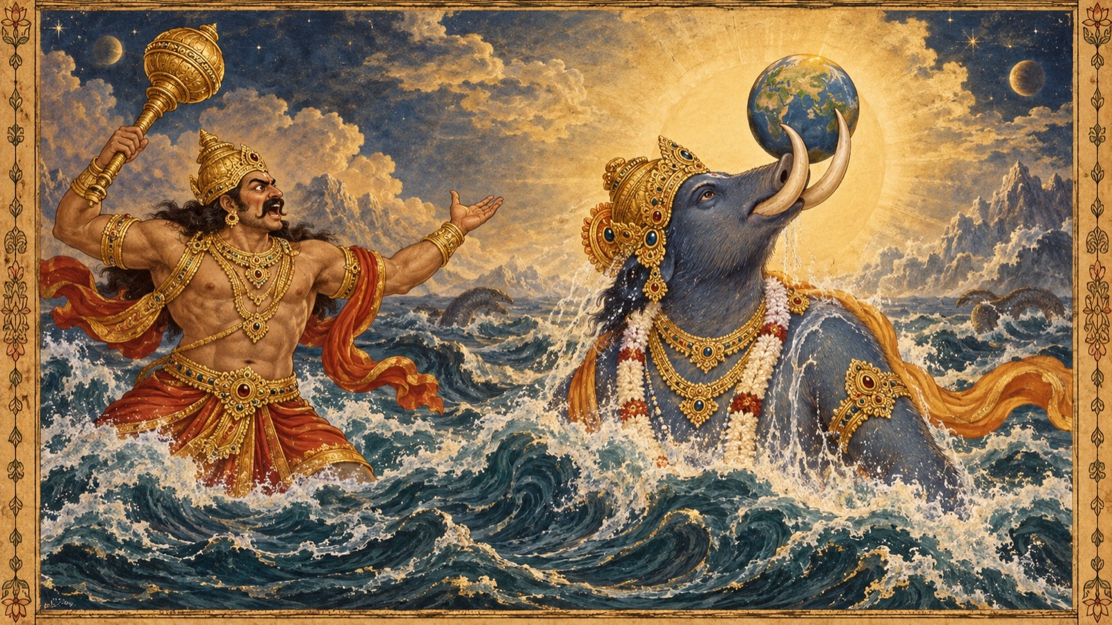 Hiranyaksa unleashes a torrent of scornful taunts at the divine Boar while the Lord bears the abuse in silence, protecting the frightened earth on His tusks