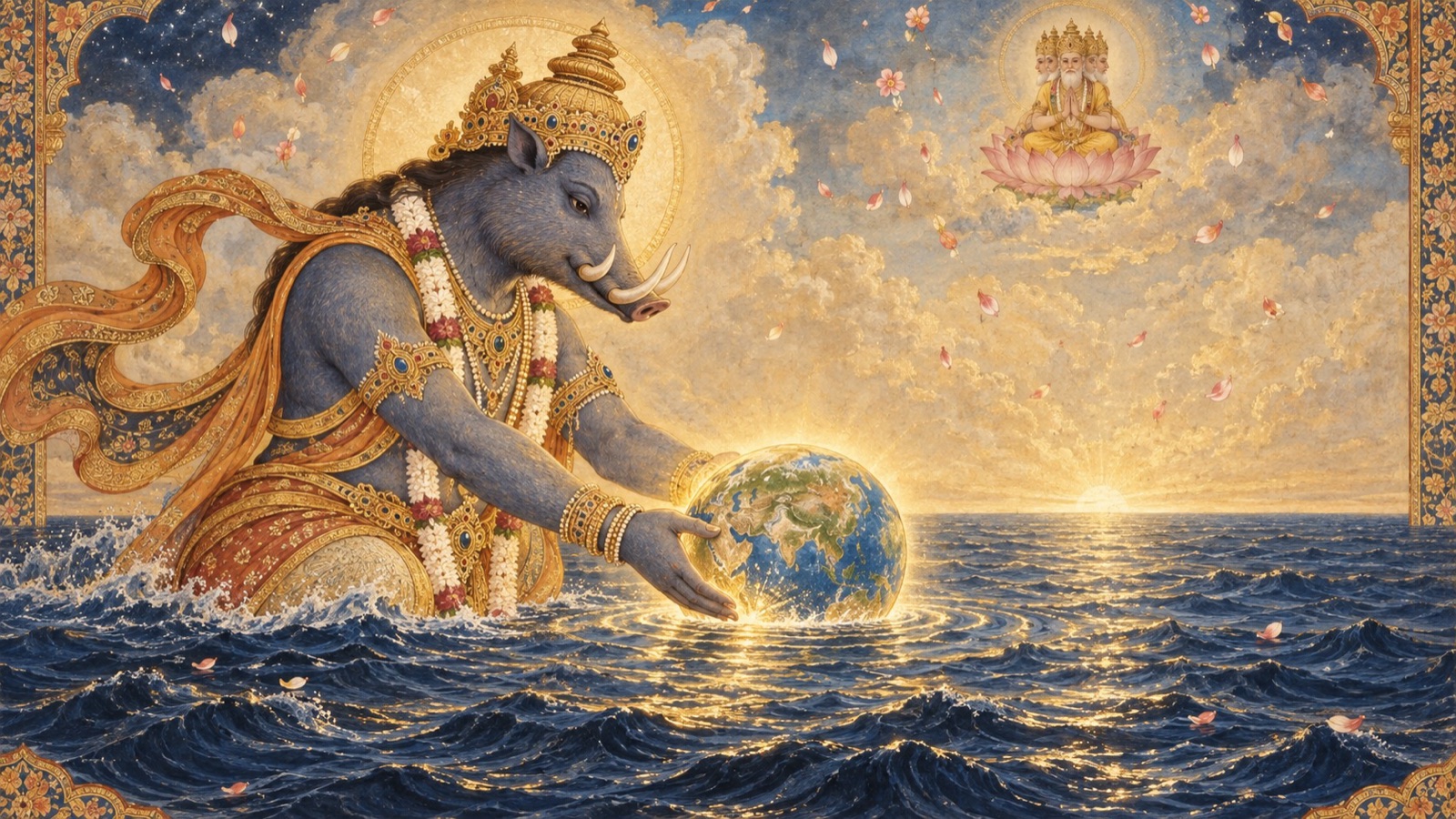 The Lord gently sets the rescued earth upon the water while Brahma extols Him from afar, then turns to answer the demon's taunts with a laughing, ironic reply