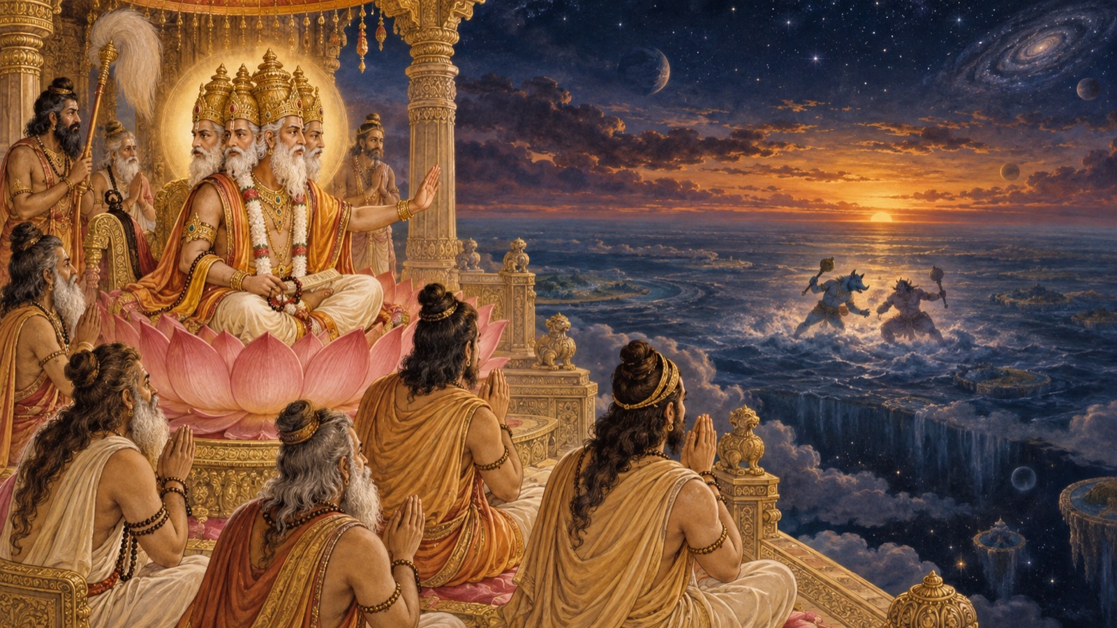 Brahma, surrounded by a company of sages, appeals urgently to the Lord to slay the demon before the approaching hour of twilight