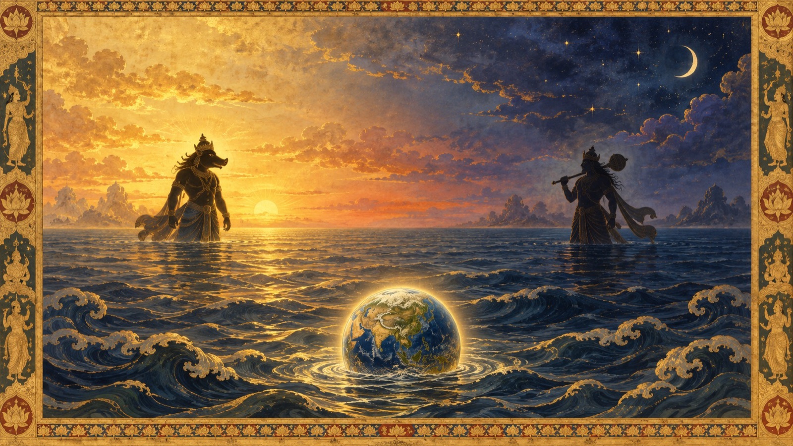 A symbolic composition suggesting the confrontation between the divine Boar and the demon Hiranyaksa in the depths of the cosmic ocean, with a divided sky of encroaching twilight
