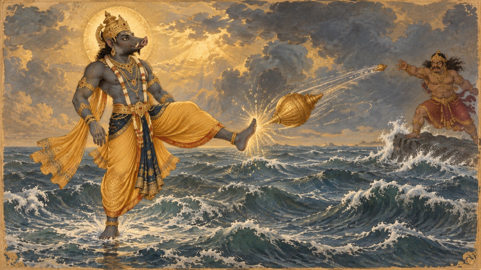 The Lord playfully knocking down the demon's mace with His foot