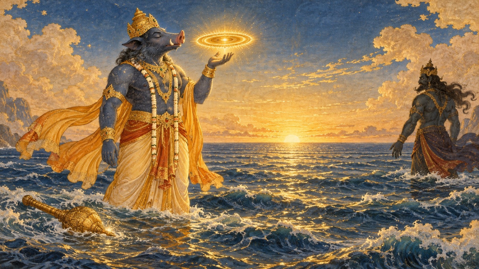 युद्ध में शत्रु के न्यायपूर्ण आचरण का सम्मान करने के पश्चात् सुदर्शन चक्र का आवाहन करते वराह भगवान्