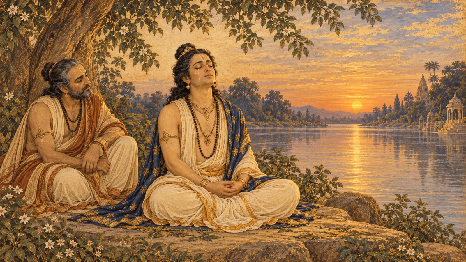 Uddhava sitting motionless in ecstatic trance, tears flowing, hair standing on end, while Vidura watches beside the river