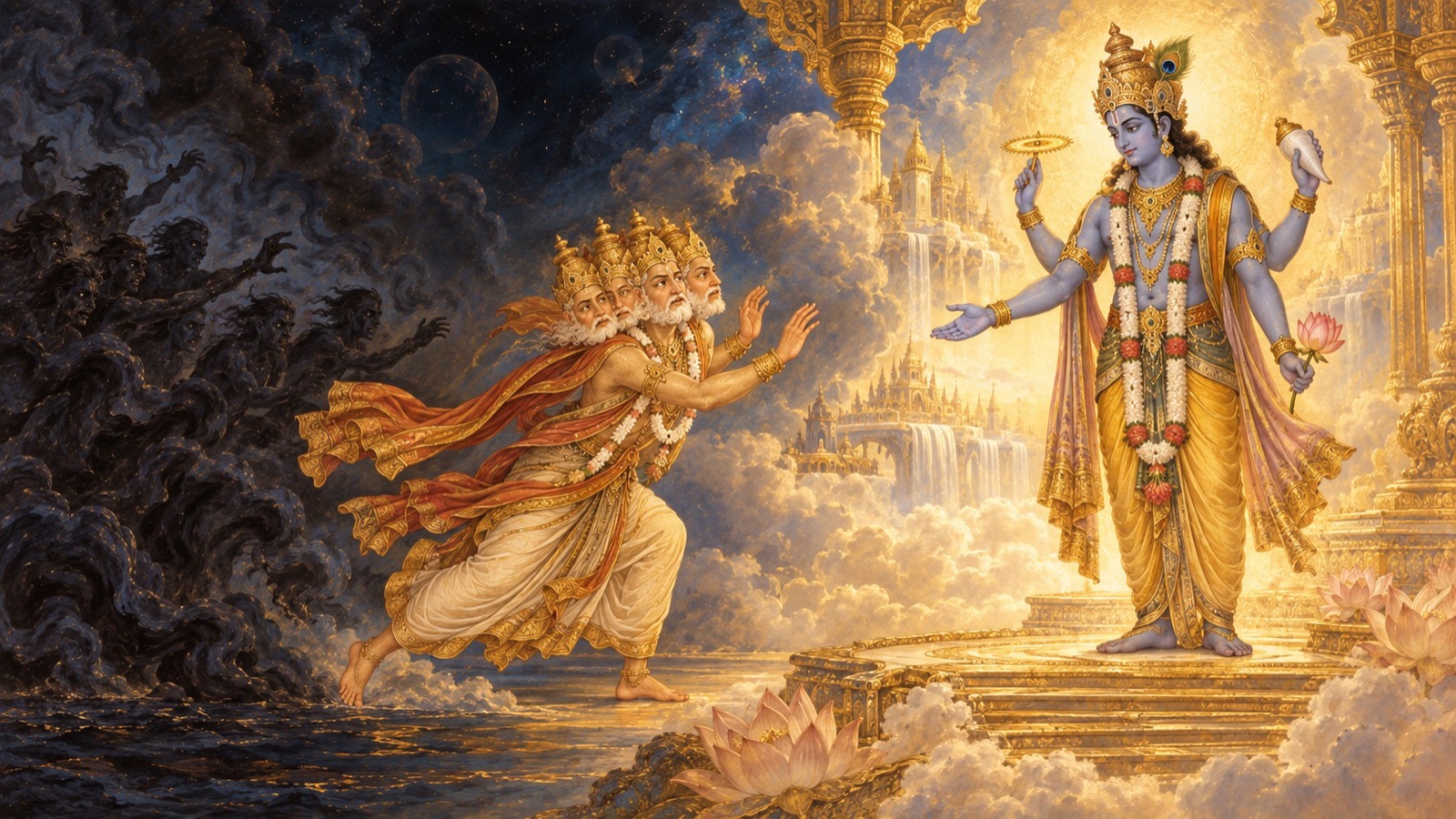 अपने ही द्वारा रचे गए दैत्यों से खदेड़े जाते हुए, ब्रह्मा भयभीत होकर श्रीहरि की शरण में भागते हैं, रक्षा की याचना करते हुए