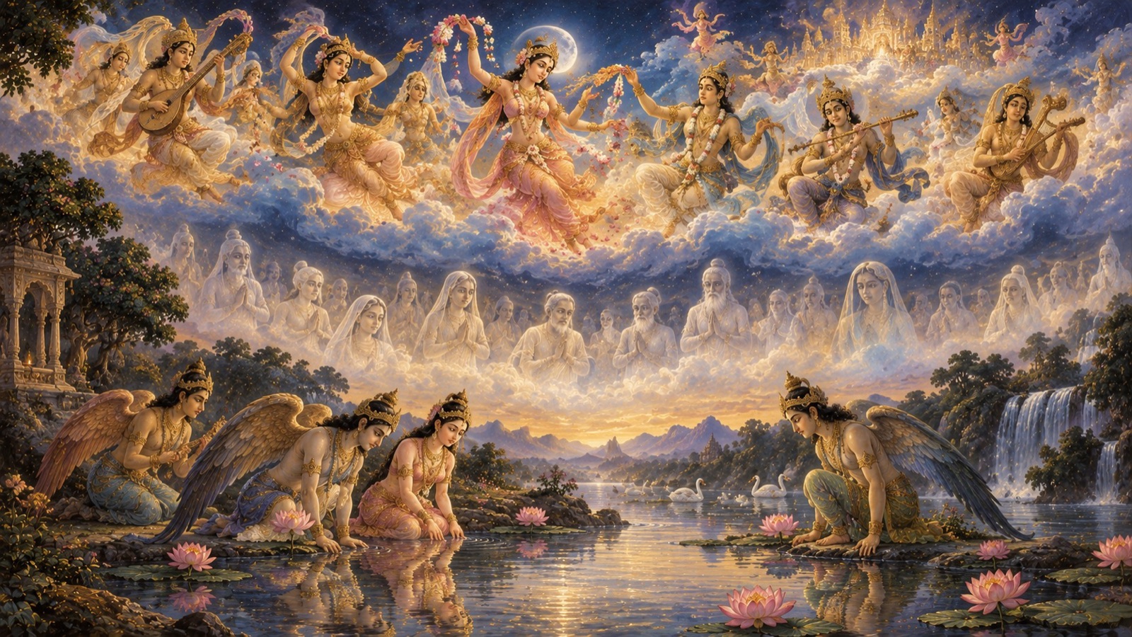 ब्रह्मा अपनी मनोहरता से गन्धर्व तथा अप्सराओं को, अपनी आलस्य से भूत तथा पिशाचों को, अपने अदृश्य रूप से साध्य तथा पितरों को, और अपने ही प्रतिबिम्ब से किम्पुरुष तथा किन्नरों को विकसित करते हैं