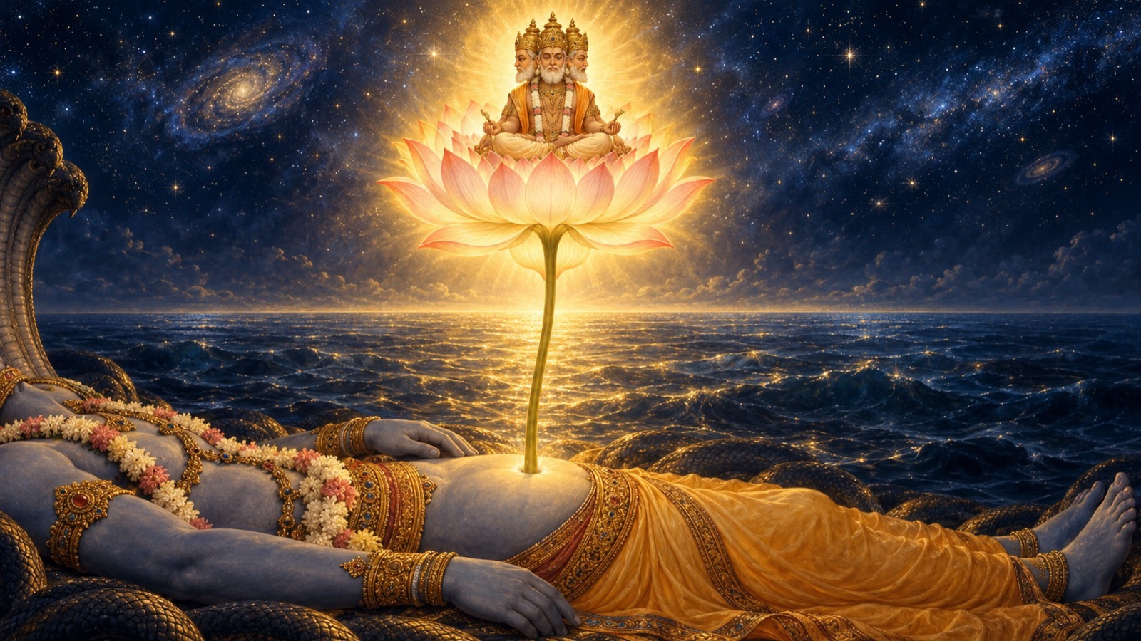 भगवान् की नाभि से एक सहस्र सूर्यों के समान तेजस्वी कमल प्रकट होता है, और उसी कमल से सृष्टिकर्ता ब्रह्मा का आविर्भाव होता है
