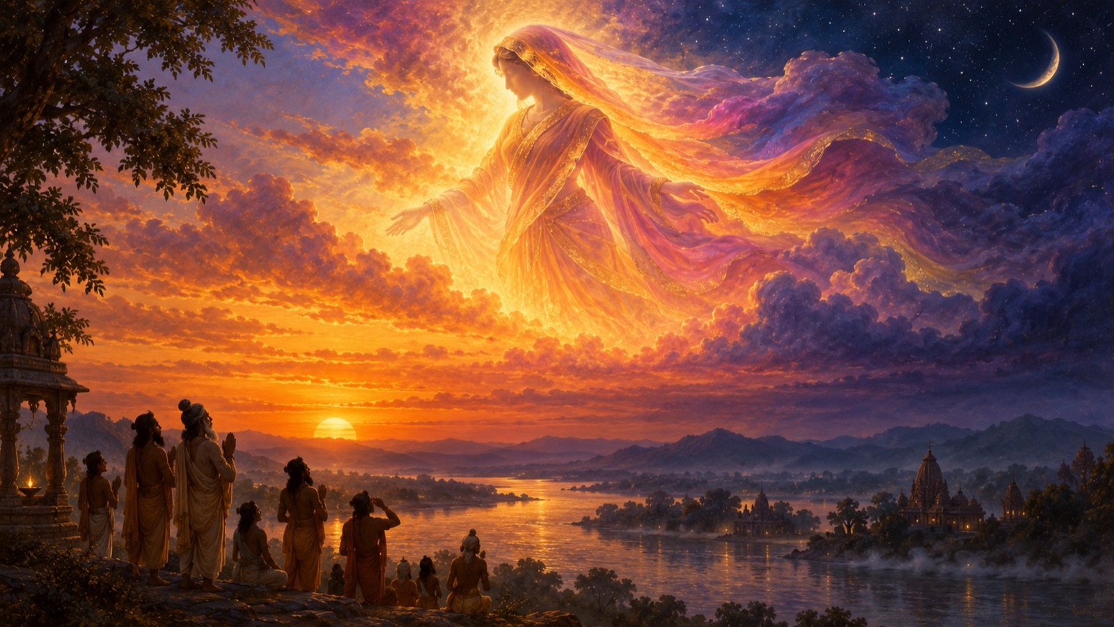 Brahma casts off the impure body which takes the form of the evening twilight, mistaken by the deluded Asuras for a beautiful woman