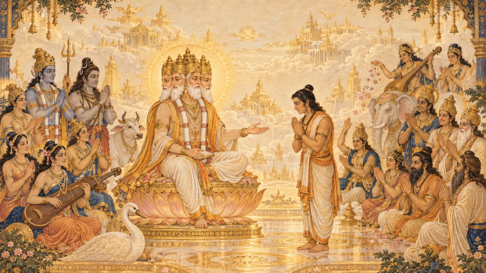 Brahma evolves the Manus from his own mind, giving them his own human form, and the beings created before them look on and applaud