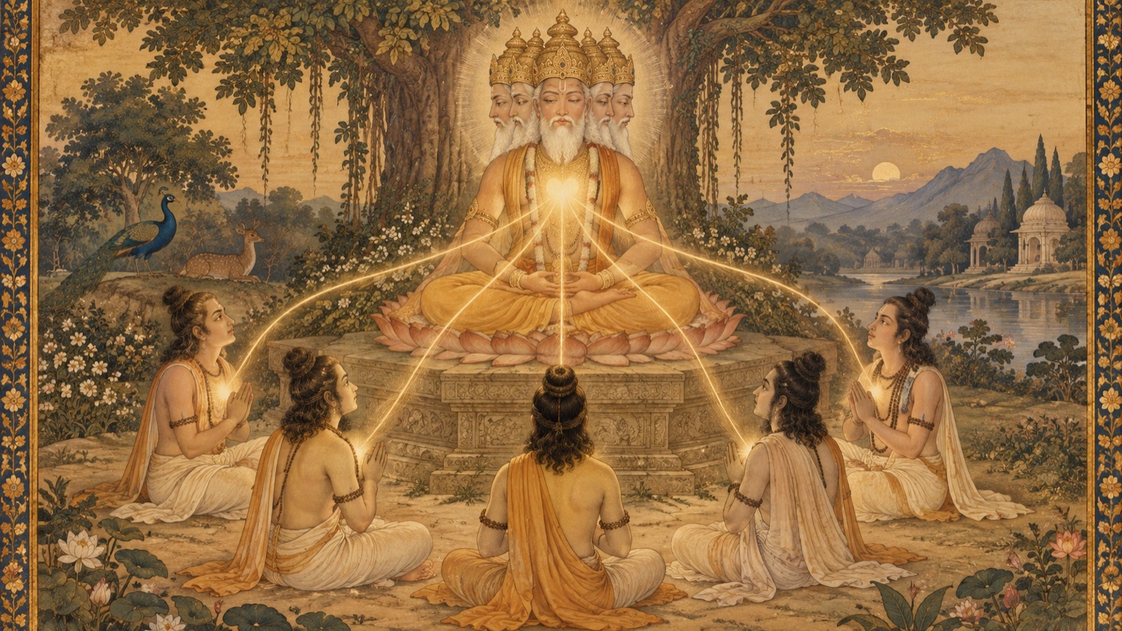 Brahma, the first seer, evolves the Rishis and gives each of them a living portion of his own body