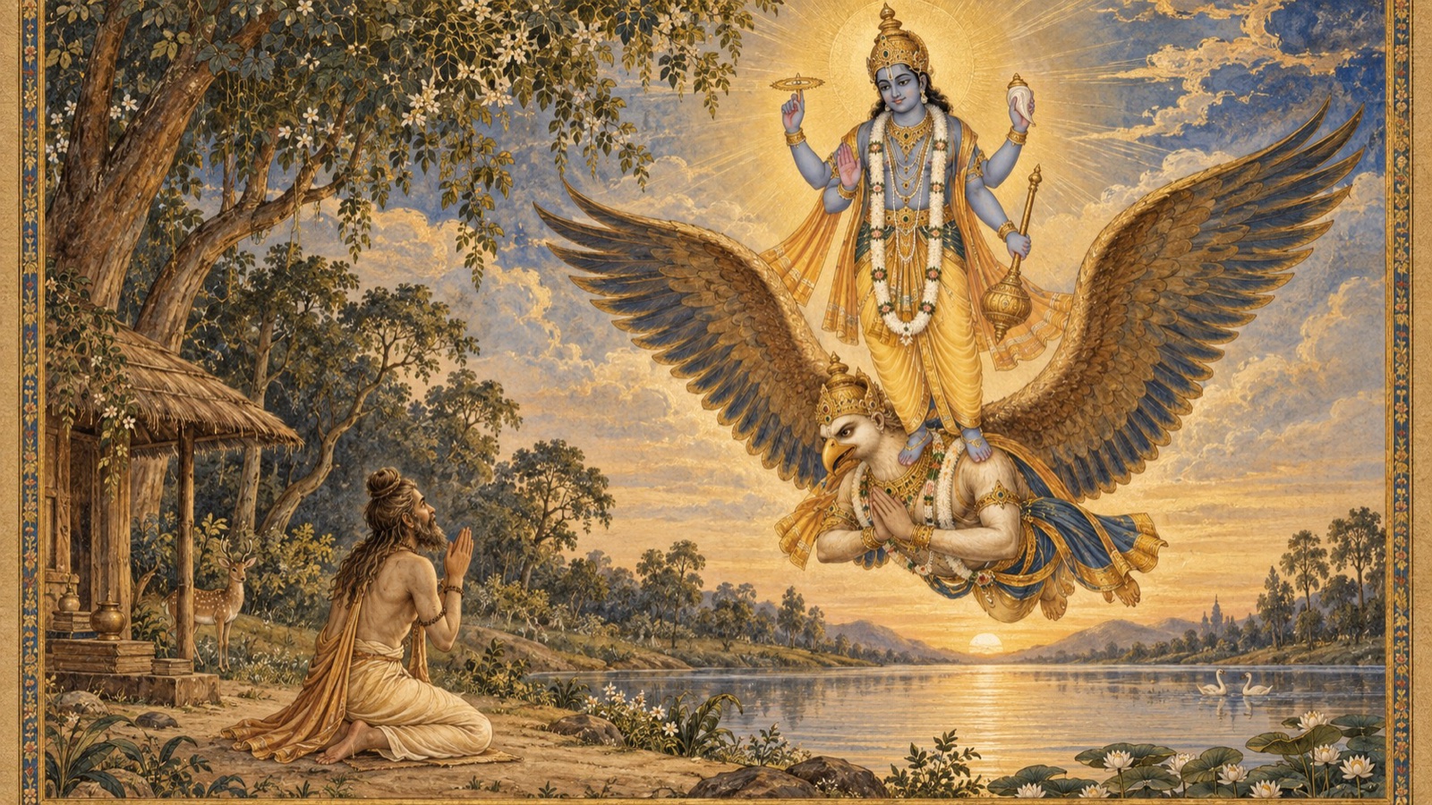सरस्वती के तट पर महर्षि कर्दम के समक्ष गरुड़ के कन्धों पर प्रकट होते भगवान्