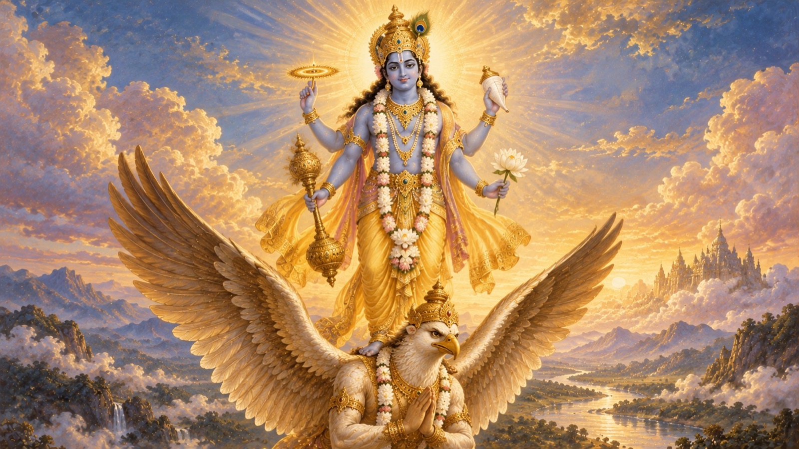 The Lord appearing on Garuda's shoulders before the sage Kardama at the dawn of Satyayuga