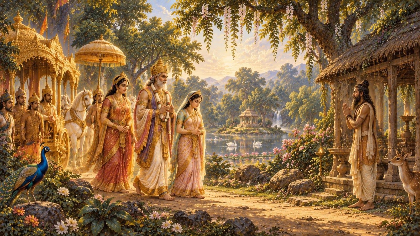 Svayambhuva Manu arriving by golden chariot with Queen Satarupa and Devahuti