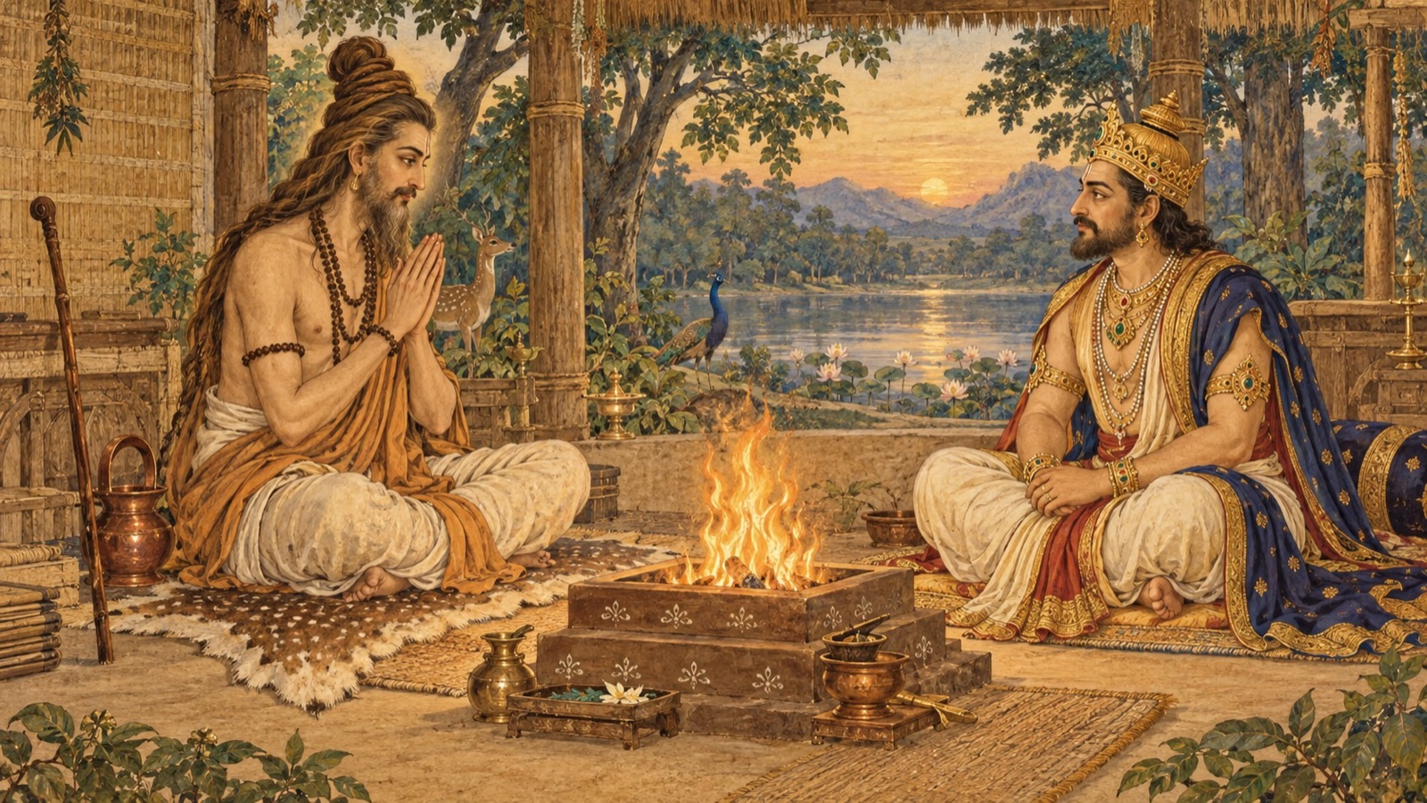 The sage Kardama honouring King Svayambhuva Manu at the hermitage