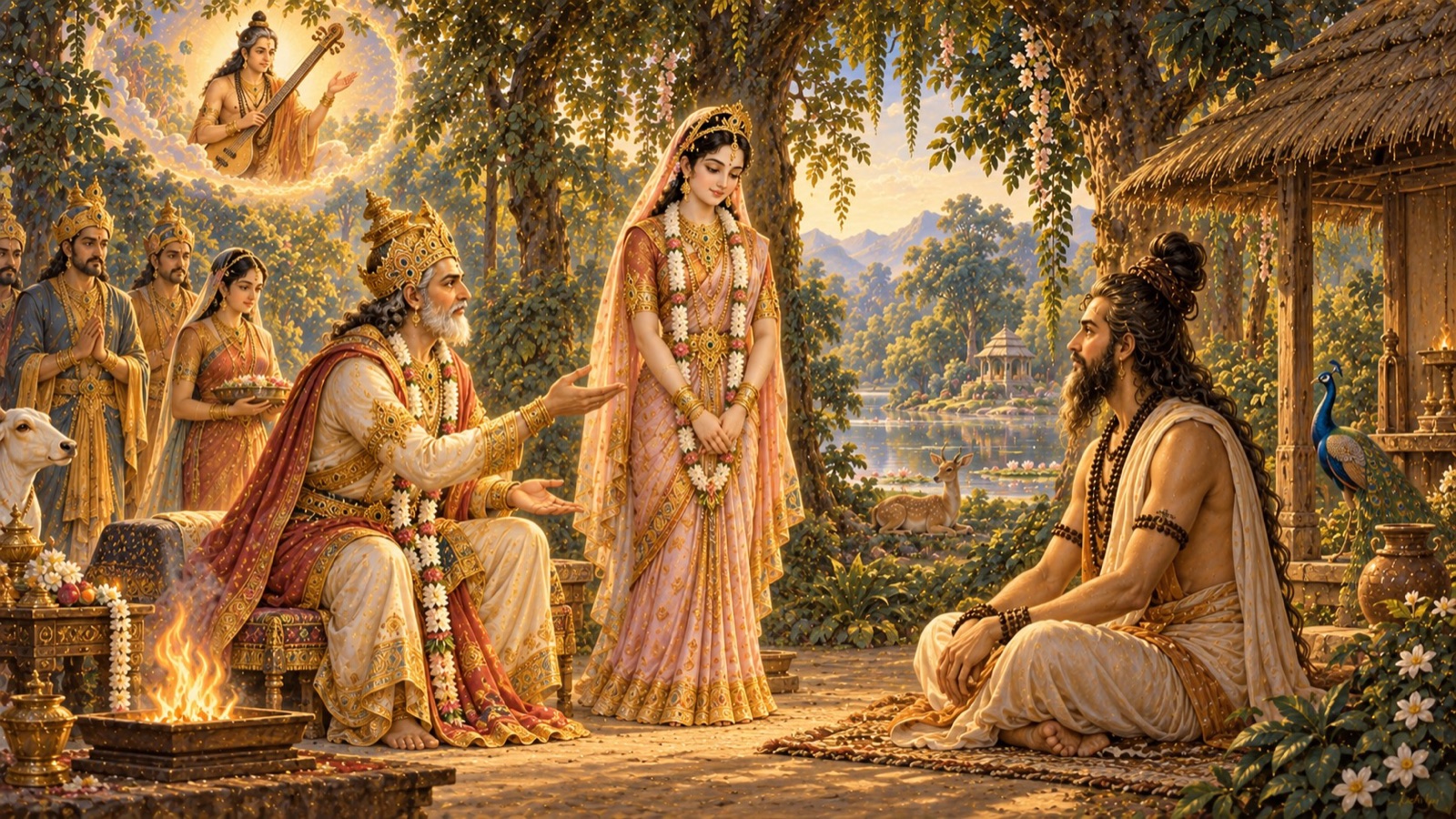 Manu formally offering his daughter Devahuti's hand in marriage to the sage Kardama
