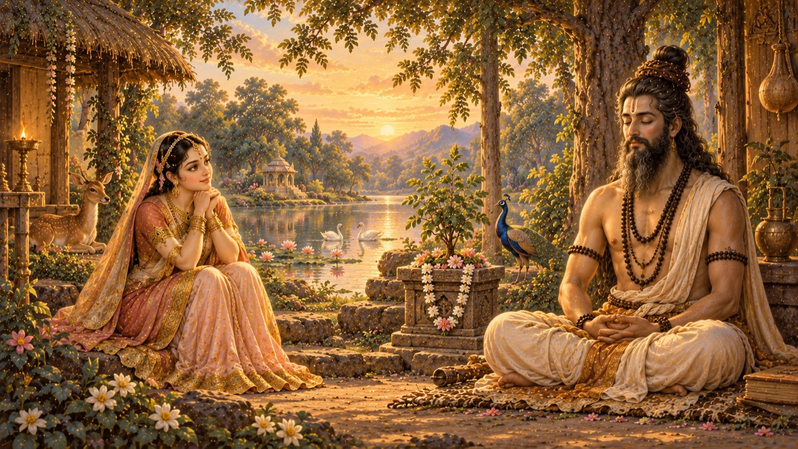 Kardama accepting Devahuti's hand and falling silent in meditation, his stillness captivating her heart