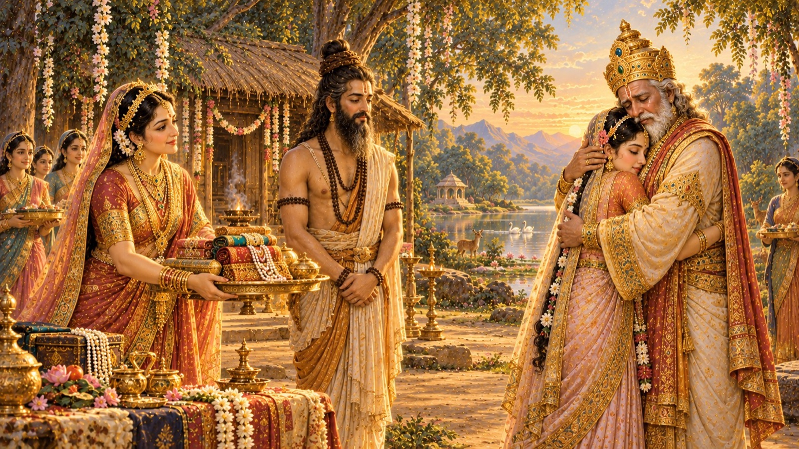 Queen Satarupa presenting wedding gifts as Manu embraces his daughter Devahuti in tears